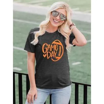 Game Day Football Shirt Women Football Graphic Tee Football Season T-Shirt Funny Sunday Short Sleeve Tops (Gray, S)