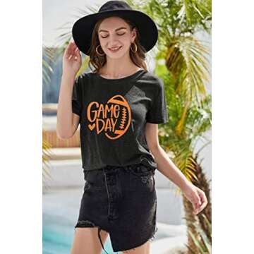 Game Day Football Shirt Women Football Graphic Tee Football Season T-Shirt Funny Sunday Short Sleeve Tops (Gray, S)