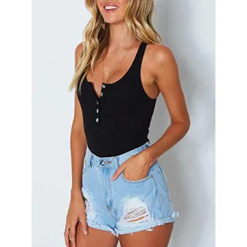 REORIA Women's Trendy Sexy Scoop Neck Racerback Tank Top Button Down Bodysuits