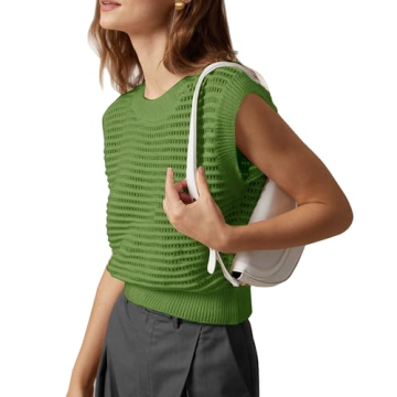 Summer Sweater Vest for Women Crew Neck Sleeveless Knit Solid Casual Ribbed Preppy Pullover Tops Green M