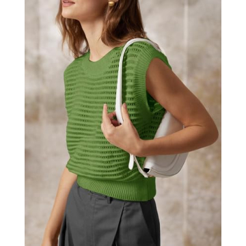 Summer Sweater Vest for Women Crew Neck Sleeveless Knit Solid Casual Ribbed Preppy Pullover Tops Green M