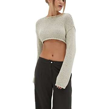 KMBANGI Women Sexy Slim Crop Shirt Long Sleeve Crewneck Fitted Tshirts Top Knit Cropped Tee Blouse Retro Streetwear(Knitted Crop Gray,S)