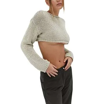 KMBANGI Women Sexy Slim Crop Shirt Long Sleeve Crewneck Fitted Tshirts Top Knit Cropped Tee Blouse Retro Streetwear(Knitted Crop Gray,S)