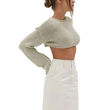 KMBANGI Women Sexy Slim Crop Shirt Long Sleeve Crewneck Fitted Tshirts Top Knit Cropped Tee Blouse Retro Streetwear(Knitted Crop Gray,S)