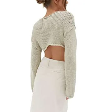 KMBANGI Women Sexy Slim Crop Shirt Long Sleeve Crewneck Fitted Tshirts Top Knit Cropped Tee Blouse Retro Streetwear(Knitted Crop Gray,S)