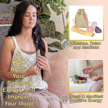 Earth & Air Sage Smudge Kit - 7 Chakra Flower White Sage, Blue Sage, Dragons Blood, Cedar, Rosemary, Palo Santo, Amethyst, Clear & Rose Quartz, Instructions & Pouch