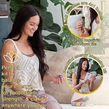 Earth & Air Sage Smudge Kit - 7 Chakra Flower White Sage, Blue Sage, Dragons Blood, Cedar, Rosemary, Palo Santo, Amethyst, Clear & Rose Quartz, Instructions & Pouch