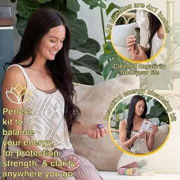 Earth & Air Sage Smudge Kit - 7 Chakra Flower White Sage, Blue Sage, Dragons Blood, Cedar, Rosemary, Palo Santo, Amethyst, Clear & Rose Quartz, Instructions & Pouch