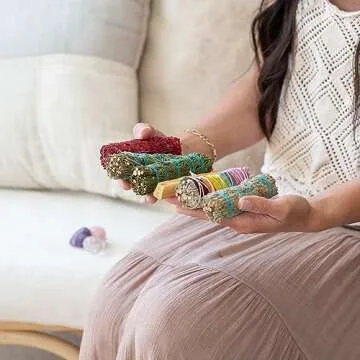 Earth & Air Sage Smudge Kit - 7 Chakra Flower White Sage, Blue Sage, Dragons Blood, Cedar, Rosemary, Palo Santo, Amethyst, Clear & Rose Quartz, Instructions & Pouch