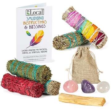 Earth & Air Sage Smudge Kit - 7 Chakra Flower White Sage, Blue Sage, Dragons Blood, Cedar, Rosemary, Palo Santo, Amethyst, Clear & Rose Quartz, Instructions & Pouch