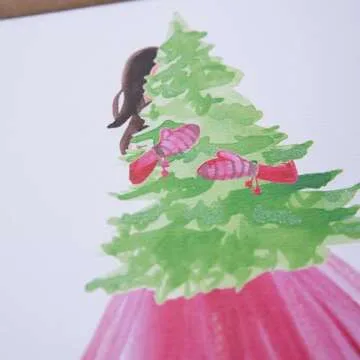 Graphique Girl Carrying Tree Holiday Cards - Pack of 15 Cards with Envelopes - Christmas Greetings - Glitter Accents - Boxed Set - 4.75" x 6.625"