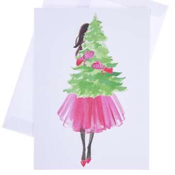 Graphique Girl Carrying Tree Holiday Cards - Pack of 15 Cards with Envelopes - Christmas Greetings - Glitter Accents - Boxed Set - 4.75" x 6.625"