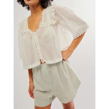 Hassembly Women Summer Cute Chiffon Shirt Low Cut V-Neck Short Sleeve Ruffle Trim Blouse Y2K Going O...