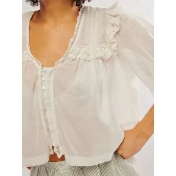 Hassembly Women Summer Cute Chiffon Shirt Low Cut V-Neck Short Sleeve Ruffle Trim Blouse Y2K Going Out Button Down Mesh Shirt (Creamy-White, M)