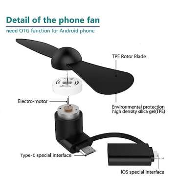 Mini 2-in-1 Cell Phone Fan for iPhone and Android Cellphones with Type C/USB C Port (4 Pack) - Small Personal Portable Pocket Fan Plug in Mobile Phones iPad for Outdoor Travel Commuting (Black)