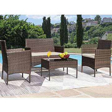 Greesum Patio Furniture 4 Pieces Conversation Sets Outdoor Wicker Rattan Chairs Garden Backyard Balc...