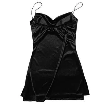 ZAFUL Women's Casual Satin Dress Spaghetti Strap Cowl Neck Slips Nightwear Side Slit Cocktail Party Silk Mini Cami Dresses (A-f Black,M)