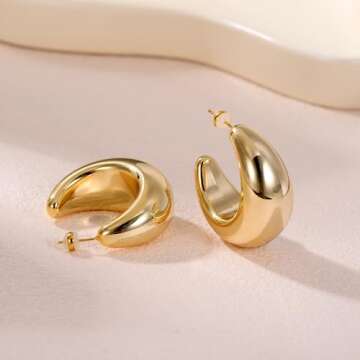 PABBEU Water Drop Earring Dupes-Chunky Gold Hoop Earrings 14k Lightweight Hypoallergenic Gold Thick Hoop Earrings Big Jewelry for Women