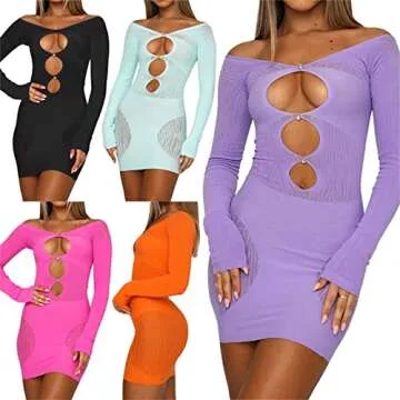 Adorafitall Women Sexy Hollow Out Hanging Neck Bodycon Mini Dress Mesh Long Sleeve Cutout See Through Dress Party Wrap Dress (C-Purple, Small)