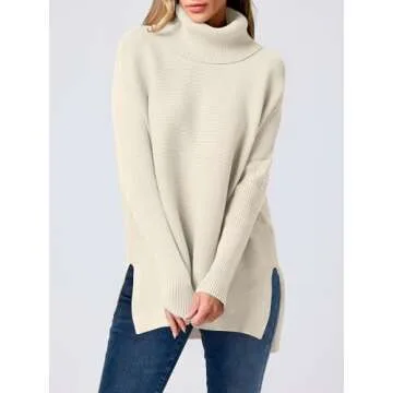 ANRABESS Women's Oversized Turtleneck Batwing Sleeve Spilt Casual Loose Knit Tunic Pullover Sweater Tops 2025 Fall Outfits Apricot Small