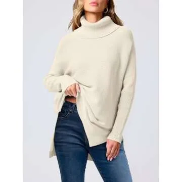 ANRABESS Women's Oversized Turtleneck Batwing Sleeve Spilt Casual Loose Knit Tunic Pullover Sweater Tops 2025 Fall Outfits Apricot Small