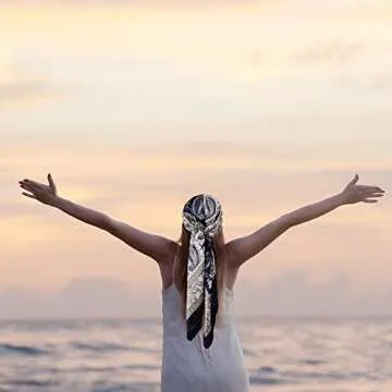 Syhood 4 Pcs 27'' Square Satin Head Scarves Satin Bandanas for Women Satin Headband Scarves Silk Feeling Scarf Boho Headwear (Navy Blue, Coffee, Black Beige)