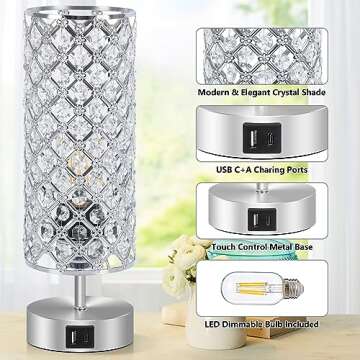 Ganiude Touch Control Crystal Table Lamps Set of 2, Nightstand Sliver Lamps with USB C+A Charging Ports, Modern Dimmable Desk Lamps for Teen Girls' Bedrooms (LED Bulb Included)
