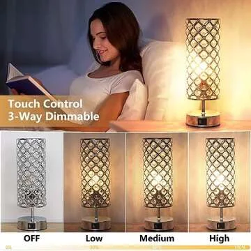 Ganiude Touch Control Crystal Table Lamps Set of 2, Nightstand Sliver Lamps with USB C+A Charging Ports, Modern Dimmable Desk Lamps for Teen Girls' Bedrooms (LED Bulb Included)