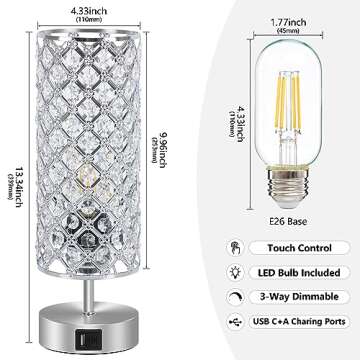 Ganiude Touch Control Crystal Table Lamps Set of 2, Nightstand Sliver Lamps with USB C+A Charging Ports, Modern Dimmable Desk Lamps for Teen Girls' Bedrooms (LED Bulb Included)