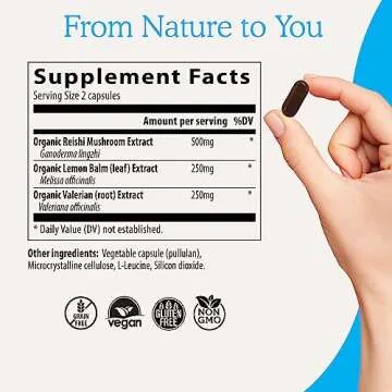 Real Mushrooms RealRest 60ct Reishi Mushroom Capsules for Relaxation - Organic with Lemon Balm Herb Sleep Support Supplement Complex Rest Immune