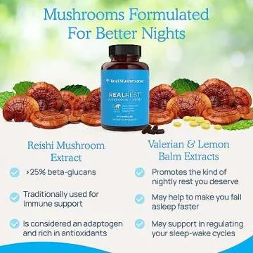 Real Mushrooms RealRest 60ct Reishi Mushroom Capsules for Relaxation - Organic with Lemon Balm Herb Sleep Support Supplement Complex Rest Immune