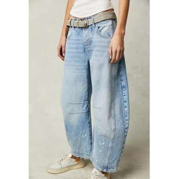 Generic Women's Baggy Boyfriend Jeans Mid Rise Barrel Jeans Wide Leg Loose Y2k Cropped Denim Pants with Pockets, X-Small