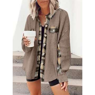 SHEWIN Womens Waffle Knit Plaid Shacket Jacket Casual Loose Batwing Long Sleeve Overiszed Button Up ...