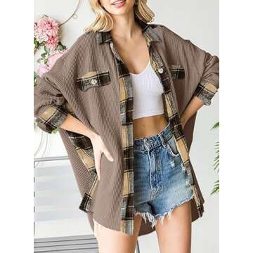 SHEWIN Womens Waffle Knit Plaid Shacket Jacket Casual Loose Batwing Long Sleeve Overiszed Button Up Shirt Boyfriend Blouses Tops Outwears Khaki L