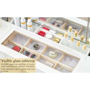 55 INCH Large Vanity Desk with Mirror - Glass Vanity Tabletop with Power Outlet, Lights, Make Up Des...