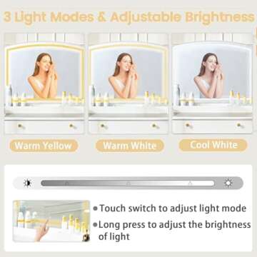 55 INCH Large Vanity Desk with Mirror - Glass Vanity Tabletop with Power Outlet, Lights, Make Up Desk with Drawers, Shelf, Storage for Girl, Women, Bedroom, White