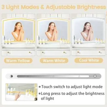 55 INCH Large Vanity Desk with Mirror - Glass Vanity Tabletop with Power Outlet, Lights, Make Up Desk with Drawers, Shelf, Storage for Girl, Women, Bedroom, White