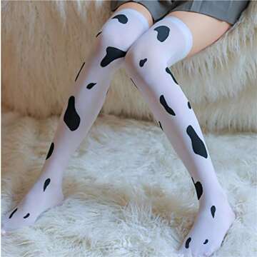 C-ZOFEK Cow Print Thigh High Socks for Halloween
