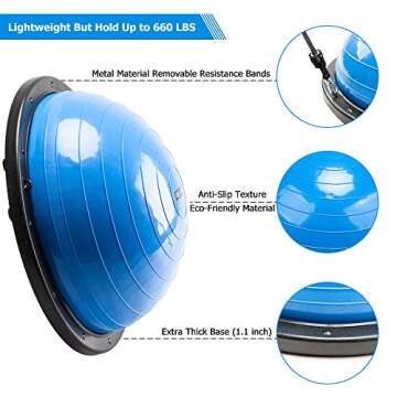 PEXMOR Yoga Half Ball Balance Trainer Exercise Ball Resistance Band Two Pump Home Gym Core Training (Standard Version - Blue)