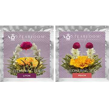 Teabloom Litchi & Peach Flowering Teas – Hand-Tied Flowering Tea Balls - Each Tea Blossom Can Be Used Multiple Times (2-Pack)