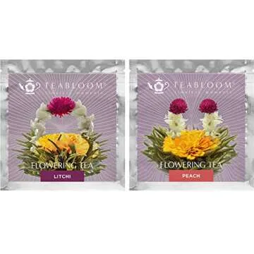 Teabloom Litchi & Peach Flowering Teas – Hand-Tied Flowering Tea Balls - Each Tea Blossom Can Be Used Multiple Times (2-Pack)