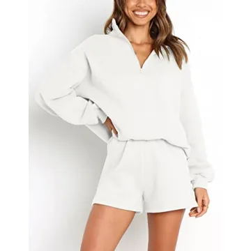 MEROKEETY Women's 2024 Fall Oversized 2 Piece Lounge Sets Long Sleeve Zipper Shorts Sweatsuit Outfits with Pockets, White, M