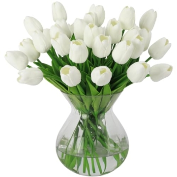 Nubry 30pcs Artificial Tulip Flowers - Real Touch White Tulips for Wedding Arrangements and Home Dec...