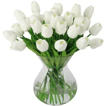 Nubry 30pcs Artificial Tulip Flowers - Real Touch White Tulips for Wedding Arrangements and Home Dec...