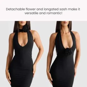 Women Sexy Backless Dress Halter Deep V Neck Detachable Flower Sleeveless Open Back Maxi Dress Cockt...