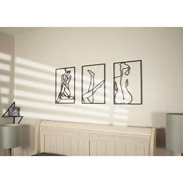 black metal wall art décor bedroom modern home minimalist above bed wall decor for bedroom Wall Sculptures Accent Abstract for living room single line wall art 18x12 inches (set3, black)