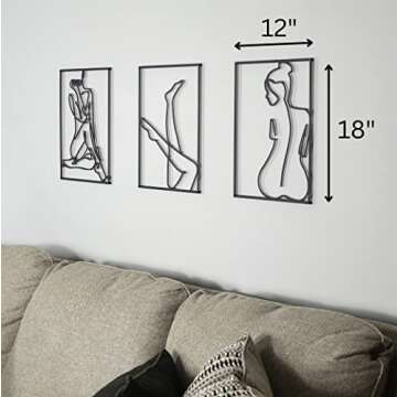 black metal wall art décor bedroom modern home minimalist above bed wall decor for bedroom Wall Sculptures Accent Abstract for living room single line wall art 18x12 inches (set3, black)