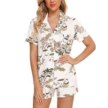 Senert Short Notched Collar Pajamas for Women Soft Modal Cotton Short Sleeve Button Down Pajama Set Sleepwear White Maple Leaf,Medium