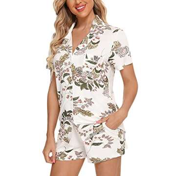 Senert Short Notched Collar Pajamas for Women Soft Modal Cotton Short Sleeve Button Down Pajama Set Sleepwear White Maple Leaf,Medium