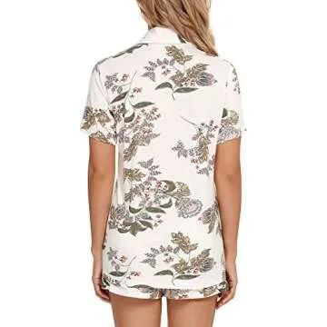 Senert Short Notched Collar Pajamas for Women Soft Modal Cotton Short Sleeve Button Down Pajama Set Sleepwear White Maple Leaf,Medium